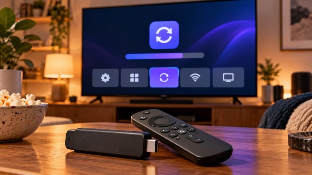 Boîtier TV et télécommande devant un écran montrant une mise à jour de l’application Atlas Pro On TV